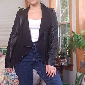 Black Faux Leather & Knit Asymmetric Jacket
